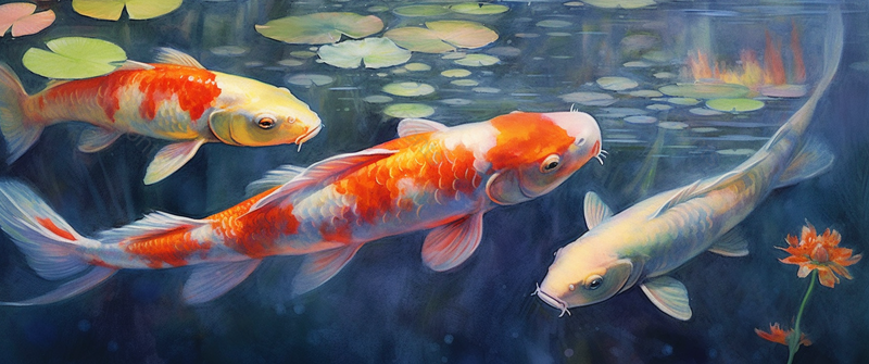 手绘水彩池塘里锦鲤金鱼卡通插画背景,插画/手绘图,插画/手绘图库,插画/手绘图下载,插画/手绘